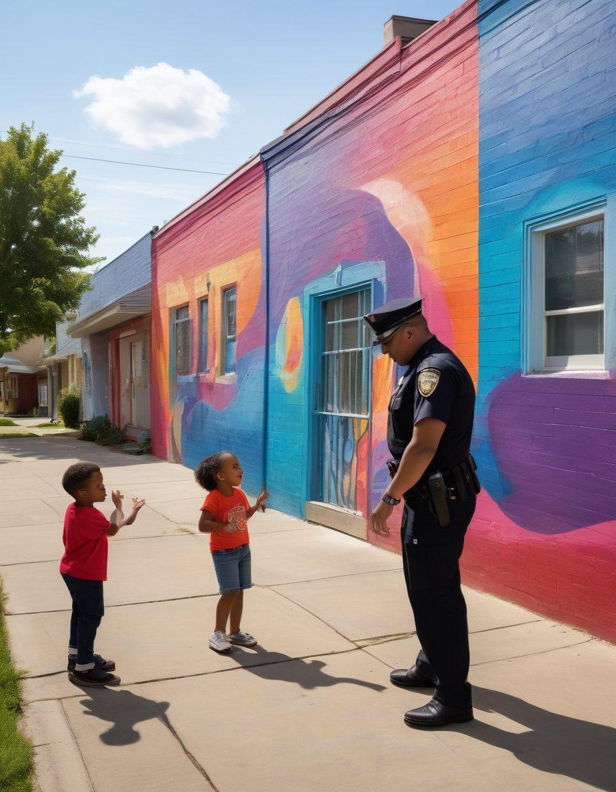 A diverse neighborhood scene illustrating community engagement, depicting police officers interacting positively with residents, children playing safely, vibrant murals on walls, and symbolized ripples radiating from a central figure representing the connection between safety and community joy. Super-realistic. Vibrant colors. Dynamic composition.