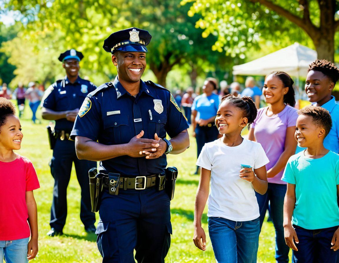 A cheerful police officer engaging with a diverse group of community members in a sunny park, sharing smiles and laughter together. Include elements of community trust, such as children playing nearby and adults having friendly conversations. The atmosphere should be vibrant and welcoming, reflecting positivity and collaboration. super-realistic. vibrant colors. sunny background.