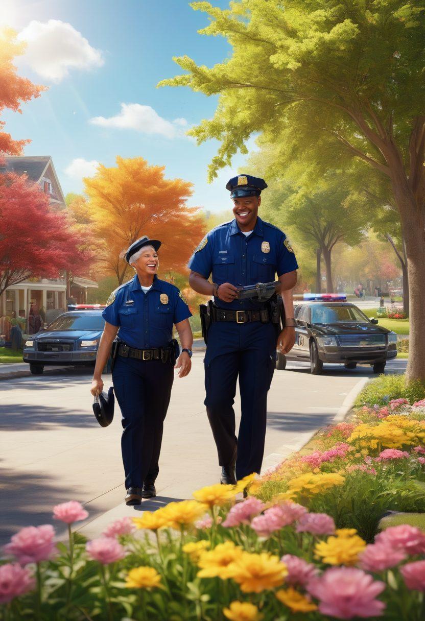 A vibrant community scene showcasing cheerful law enforcement officers engaging positively with diverse citizens, featuring smiling interactions, children playing, and officers assisting elderly residents. The backdrop includes a sunny park with blooming flowers, highlighting a sense of safety and joy in the community. super-realistic. vibrant colors. sunny atmosphere.